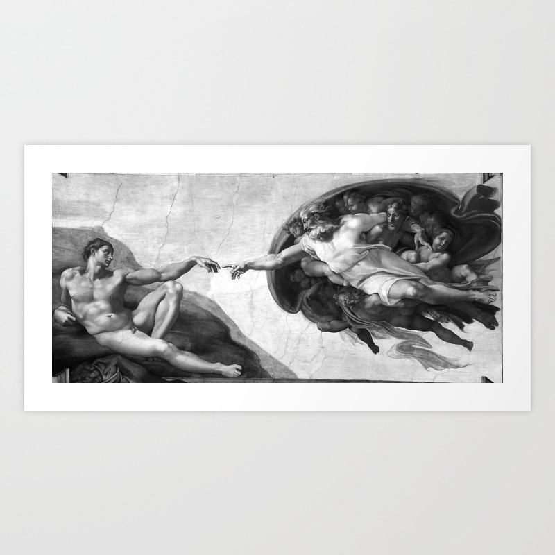 Black And White Creation Of Adam Painting By Michelangelo Sistine