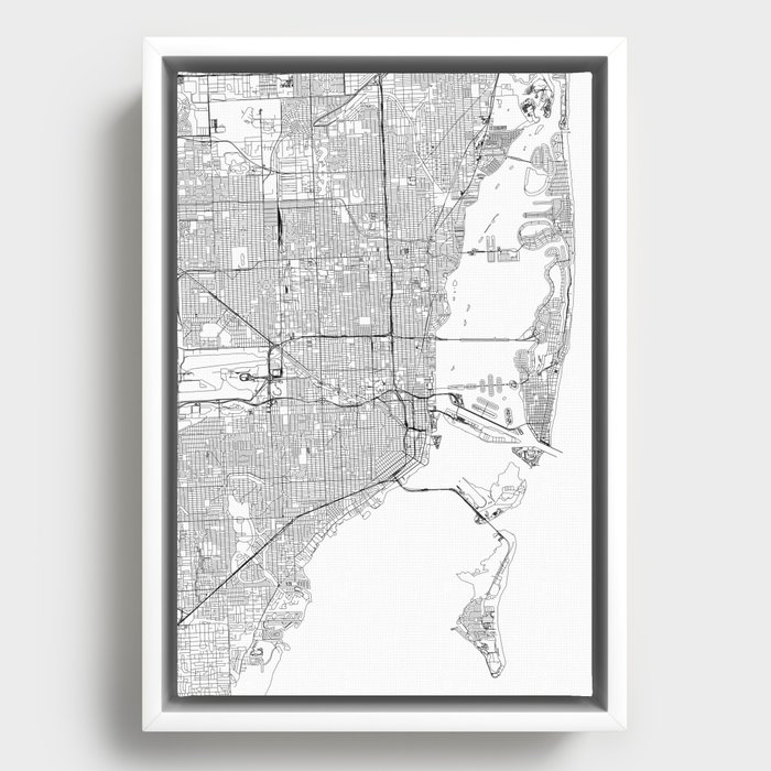 Miami White Map Framed Canvas