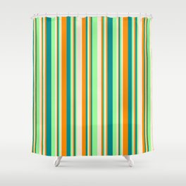 [ Thumbnail: Green, Dark Cyan, Dark Orange, and Beige Colored Stripes Pattern Shower Curtain ]