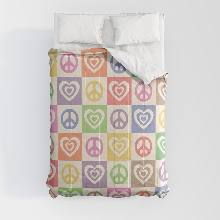 Peace and Love Rainbow Pride Checker  Comforter