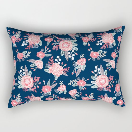 Florals navy coral pink blooms flower pattern girly trendy nursery baby Rectangular Pillow
