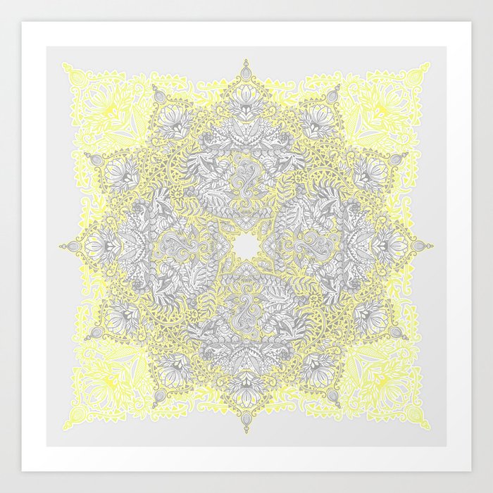 Sunny Doodle Mandala in Yellow & Grey Art Print