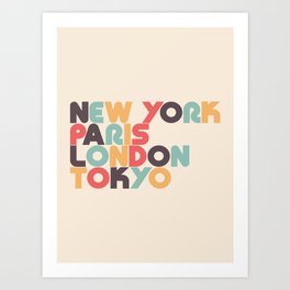 New York Paris London Tokyo Typography - Retro Rainbow Art Print