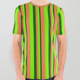 [ Thumbnail: Dark Green, Chartreuse & Coral Colored Lined/Striped Pattern All Over Graphic Tee ]