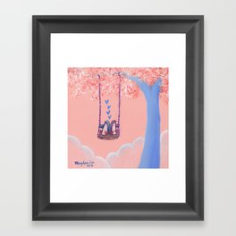 Penguins in Love on Their Tree Swing in a Pink Sky Framed Art Print