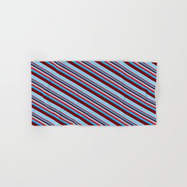 [ Thumbnail: Red, Deep Sky Blue, Maroon & Sky Blue Colored Lined/Striped Pattern Hand & Bath Towel ]
