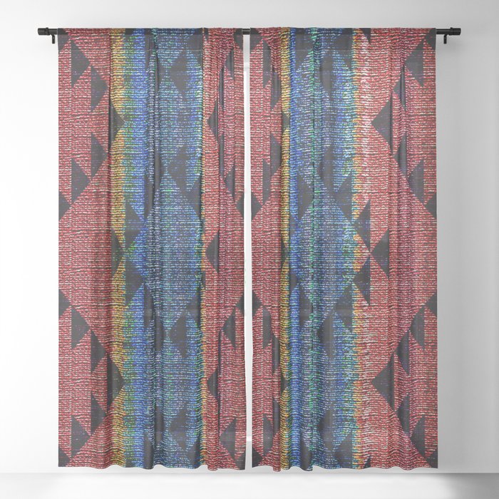 Tribal Pattern on Rustic Coarse Weave Look Colorful Stripes Sheer Curtain