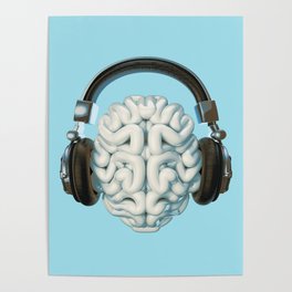 Mind Music Connection /3D render of human brain wearing headphones Poster