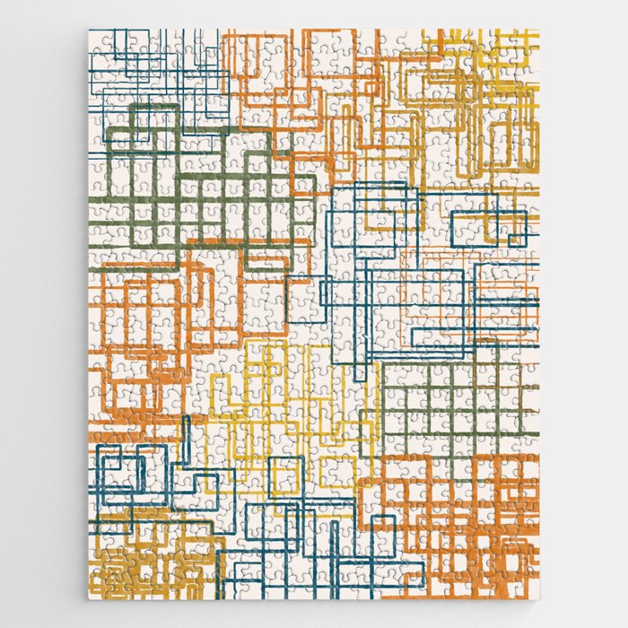 Mid-Century Modern Geometric Watercolor Abstraction in Moroccan Orange Ochre Olive Teal Cream Jigsaw Puzzle