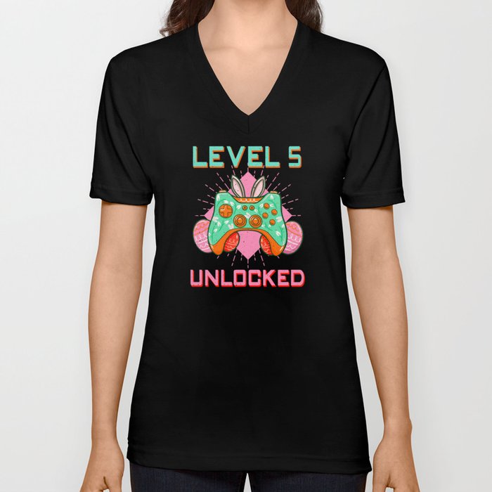 5 Year Old Level Unlock Gamer Game Easter Sunday V Neck T Shirt
