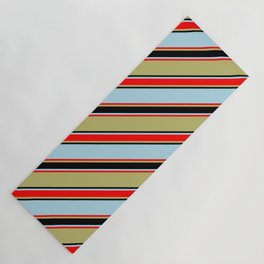 [ Thumbnail: Dark Khaki, Black, Light Blue & Red Colored Pattern of Stripes Yoga Mat ]