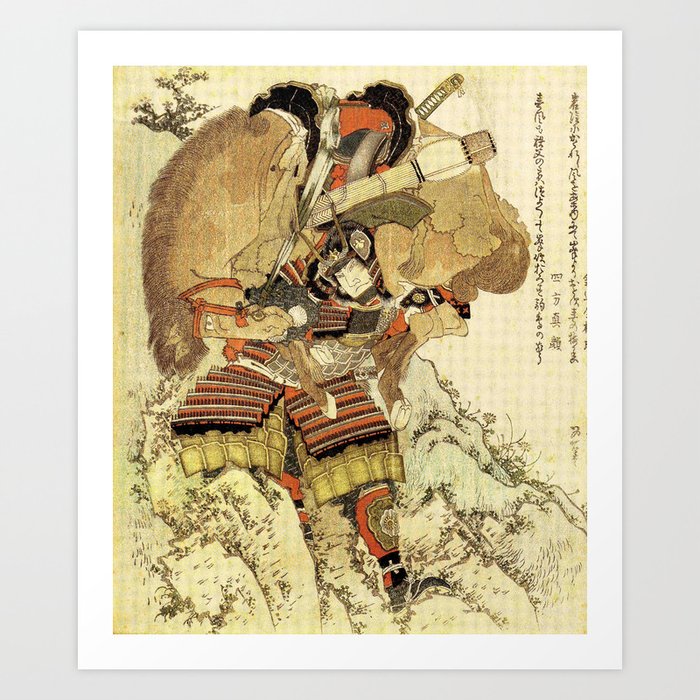 Hokusai – Hatakeyama Shigetada carrying his horse,  葛飾 北斎, Samurai,Genpei,Jidaigeki. Art Print