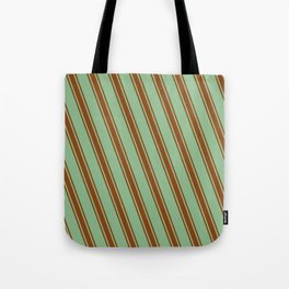 [ Thumbnail: Dark Sea Green and Brown Colored Pattern of Stripes Tote Bag ]