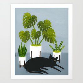 Black Cat With Potted Plants Art Print