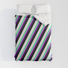 [ Thumbnail: Vibrant Green, Violet, Indigo, Black, and White Colored Striped/Lined Pattern Duvet Cover ]