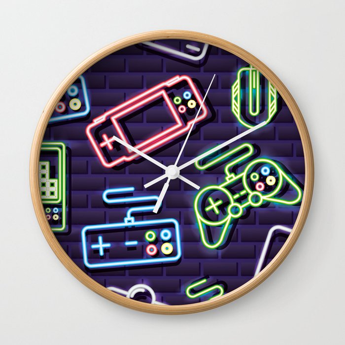 Neon Video Game Accessories Pattern Wall Clock