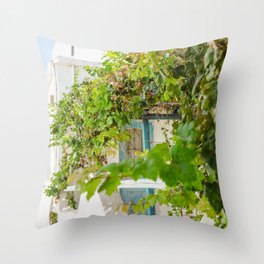 Greek Street Scene Full of Sun and Plants | Green and Blue Travel Photography | Cyclades, Greece Throw Pillow