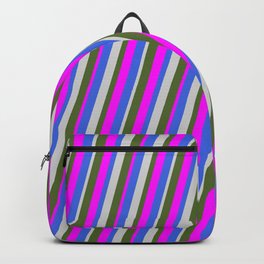[ Thumbnail: Royal Blue, Light Grey, Dark Olive Green, and Fuchsia Colored Stripes Pattern Backpack ]