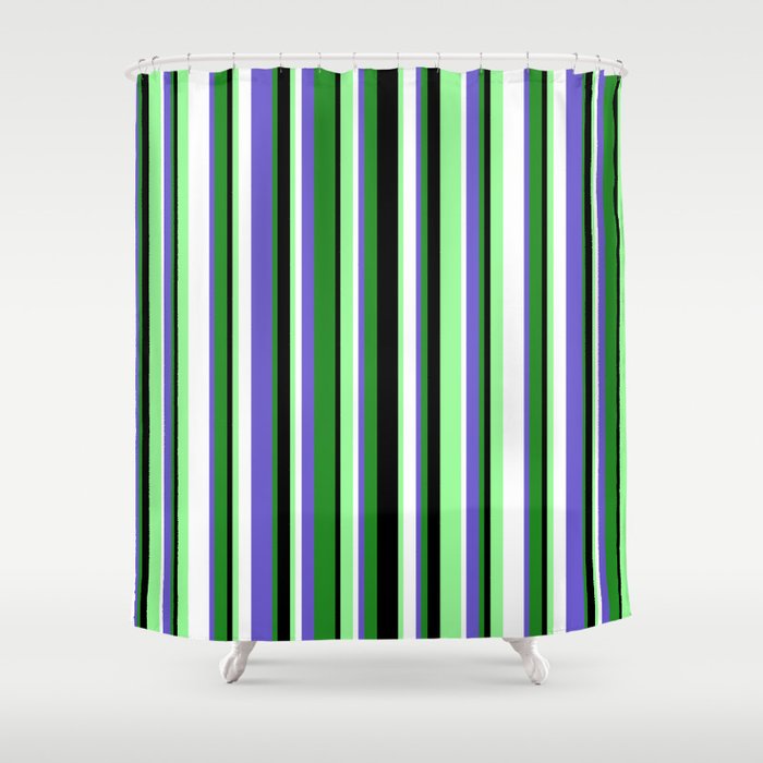 Colorful Forest Green, Slate Blue, White, Green, and Black Colored Stripes Pattern Shower Curtain
