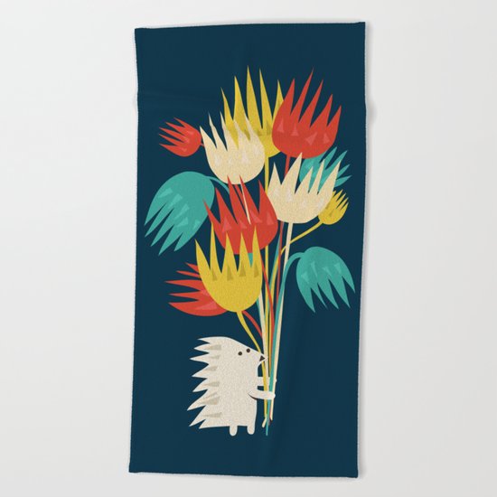 Hedgehog with flowers Beach Towel