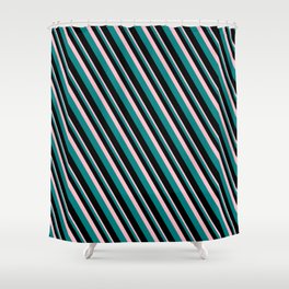 [ Thumbnail: Pink, Teal, and Black Colored Lined/Striped Pattern Shower Curtain ]