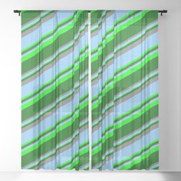 [ Thumbnail: Light Sky Blue, Lime, Dark Green & Grey Colored Striped Pattern Sheer Curtain ]