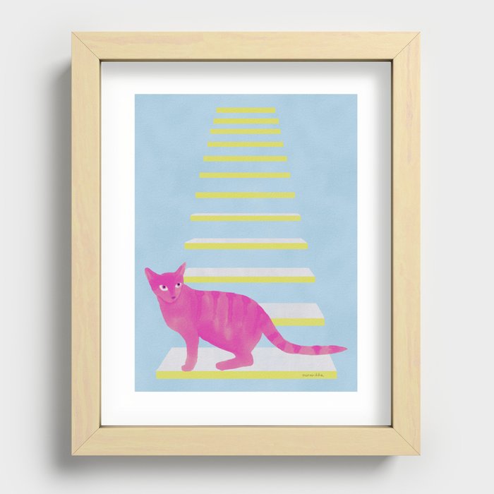 Cat on the Stairs - Pink Recessed Framed Print