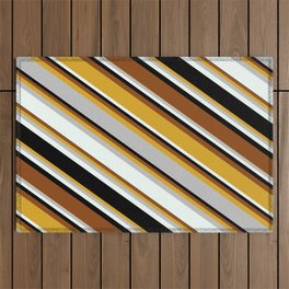 [ Thumbnail: Eyecatching Goldenrod, Grey, Mint Cream, Black, and Brown Colored Stripes Pattern Outdoor Rug ]