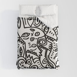 Hand Drawing Graffiti Creatures in the Summer Afternoon Black and White Duvet Cover