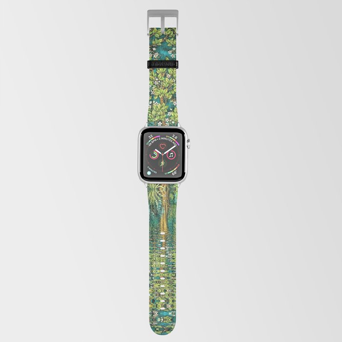 Tree of Life reflecting water of garden lily pond emerald twilight rainforest river nature landscape painting Apple Watch Band