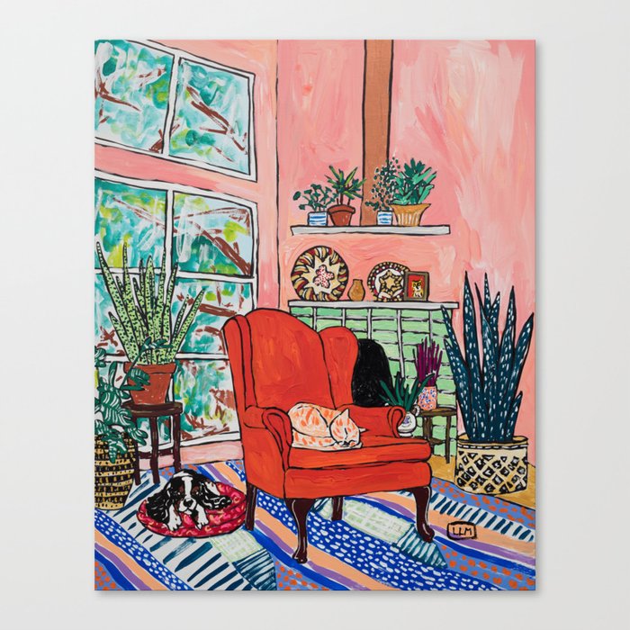 Red Armchair in Pink Interior with Houseplants, Ginger Cat, and Spaniel Interior Painting Canvas Print