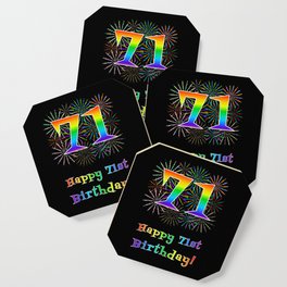 [ Thumbnail: 71st Birthday - Fun Rainbow Spectrum Gradient Pattern Text, Bursting Fireworks Inspired Background Coaster ]