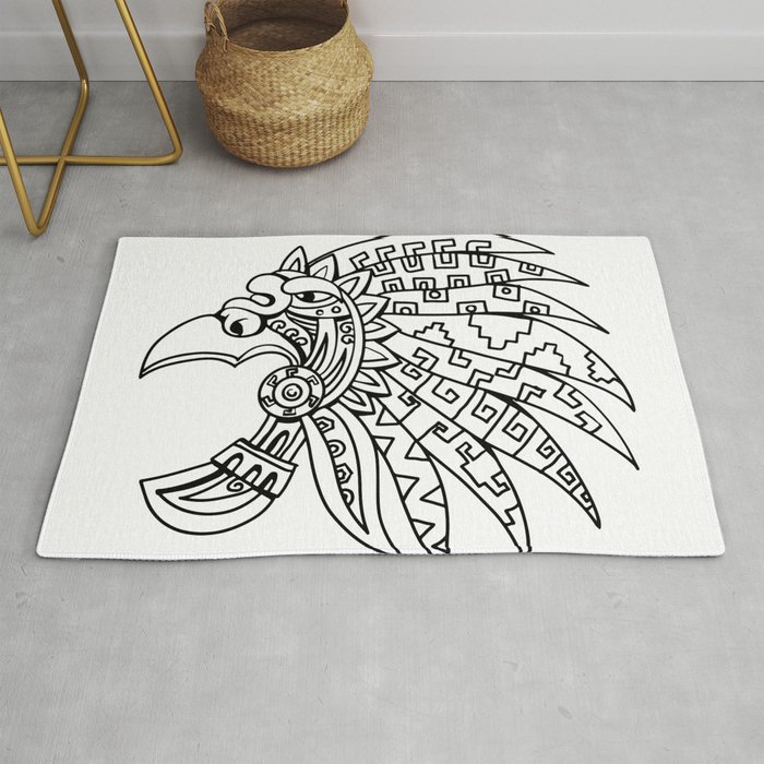 Aztec Feathered Headdress Drawing Black and White Rug