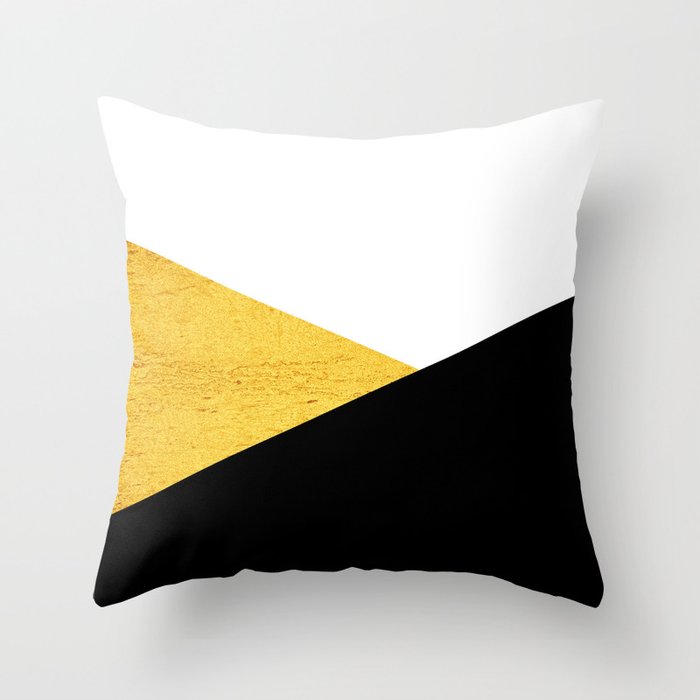 Abstract geometric modern minimalist collage of black, white, gold texture colorblock Throw Pillow