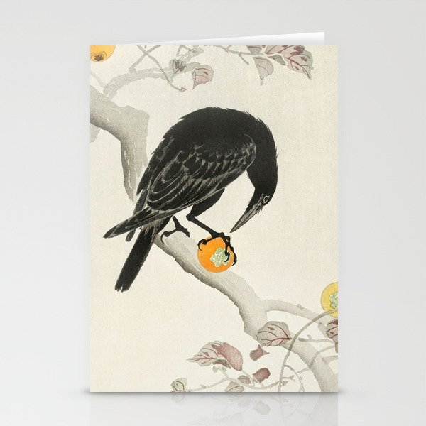 Crow eating persimmon Fruit - Vintage Japanese Woodblock Print Art Stationery Cards
