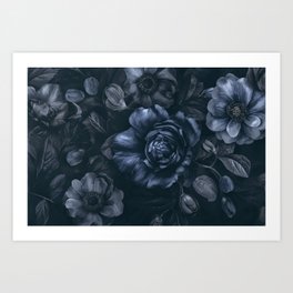 Moody Barque Watercolor Blooms Midnight Blue Art Print