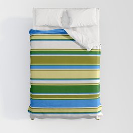 [ Thumbnail: Eyecatching Green, Tan, Dark Green, Blue, and White Colored Lines Pattern Duvet Cover ]