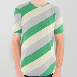 [ Thumbnail: Beige, Light Grey & Sea Green Colored Lined Pattern All Over Graphic Tee ]
