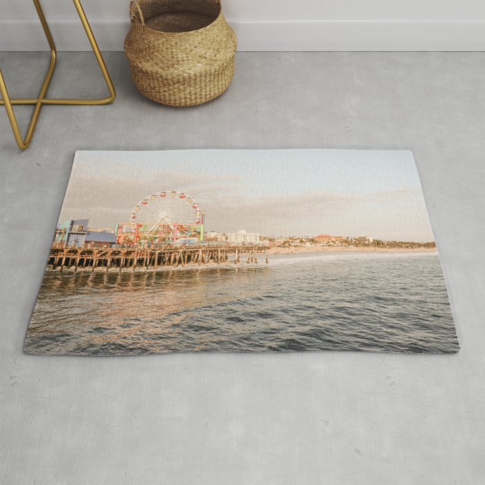 Pastel Color Santa Monica Pier Photo | Colorful California at Sunset Art Print | Summer by the Coast Travel Photography Rug
