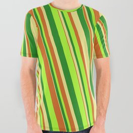 [ Thumbnail: Forest Green, Tan, Chocolate, and Light Green Colored Lined/Striped Pattern All Over Graphic Tee ]