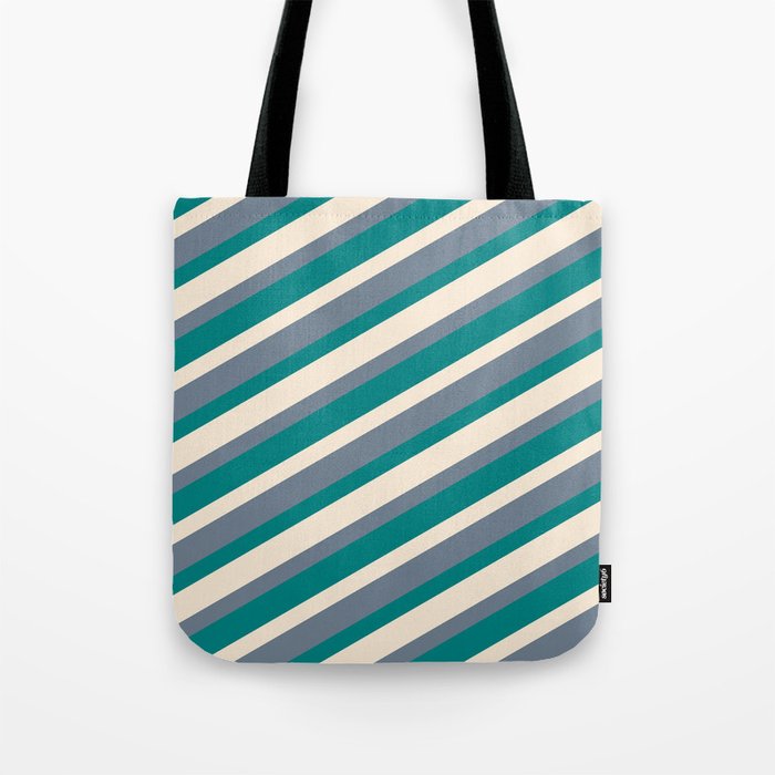 Beige, Slate Gray, and Teal Colored Lined/Striped Pattern Tote Bag