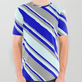 [ Thumbnail: Blue, Dark Grey & Light Cyan Colored Pattern of Stripes All Over Graphic Tee ]