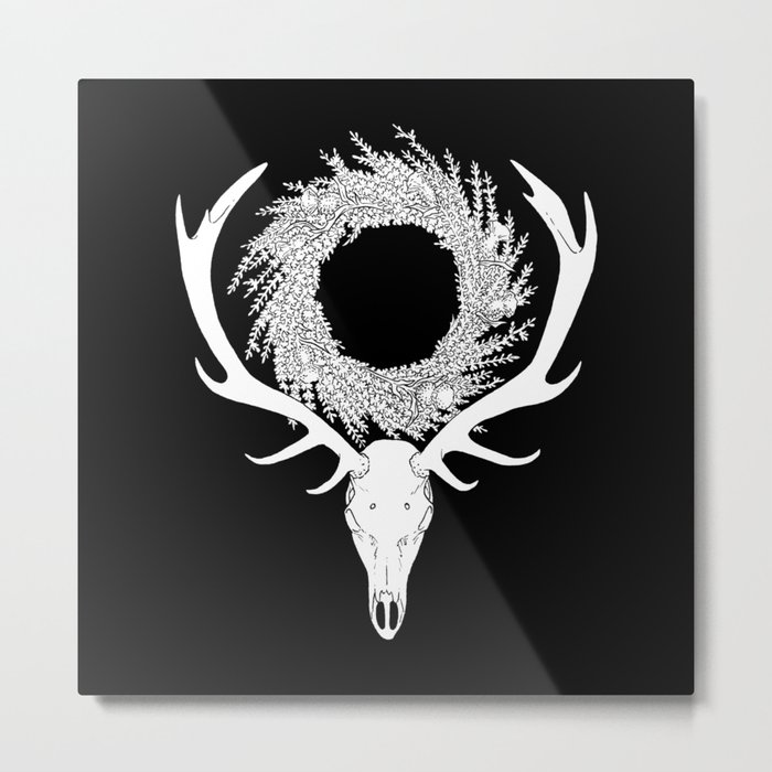 Scottish Red Deer Skull with Heather and Thistle Wreath (white) Metal Print