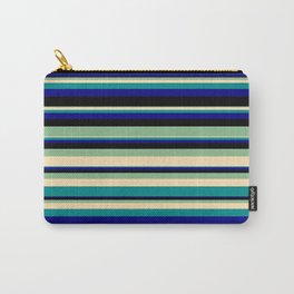 [ Thumbnail: Vibrant Dark Sea Green, Beige, Dark Cyan, Blue & Black Colored Striped/Lined Pattern Carry-All Pouch ]