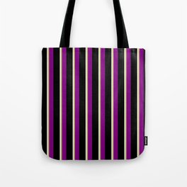 [ Thumbnail: Beige, Dark Khaki, Purple & Black Colored Stripes Pattern Tote Bag ]