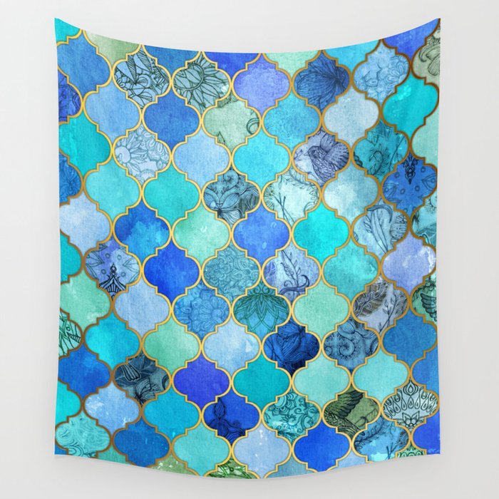 Cobalt Blue Aqua Gold Decorative Moroccan Tile Pattern Wall Cobalt Blue Aqua Gold Decorative Moroccan Tile Pattern Wall Tapestry