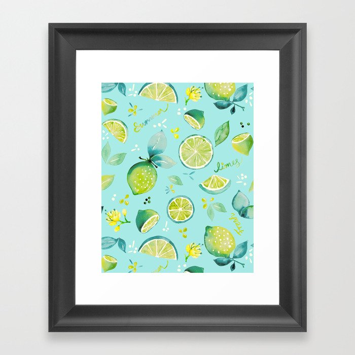 Watercolour Lime Pattern Aqua Framed Art Print