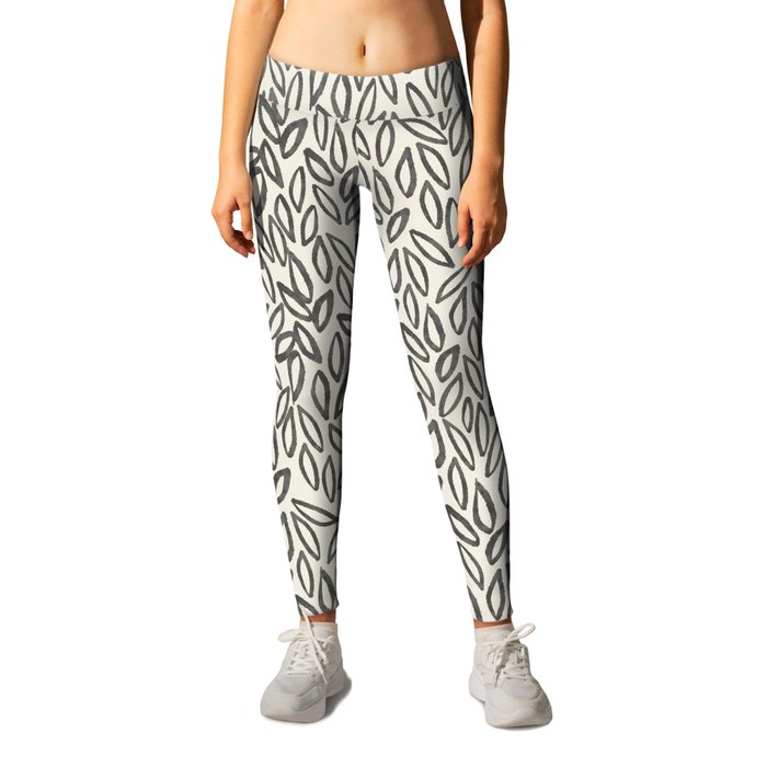 Organic Leaves Abstract Pattern in Charcoal Gray and Cream Leggings