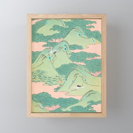 Cranes over Mountains Forests Vintage Japanese Pattern Framed Mini Art Print