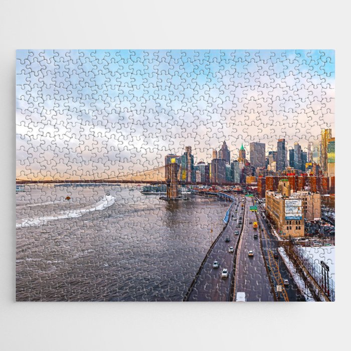 New York City Skyline and the Brooklyn Bridge | Colorful Panoramic Travel Photography in NYC Jigsaw Puzzle